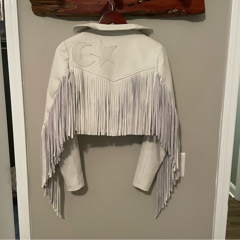Hannah Maed Levy - One of a kind white leather cropped jacket with fringe